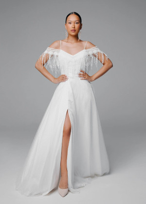 Cold Shoulder Ivory Bohemian Wedding Dress